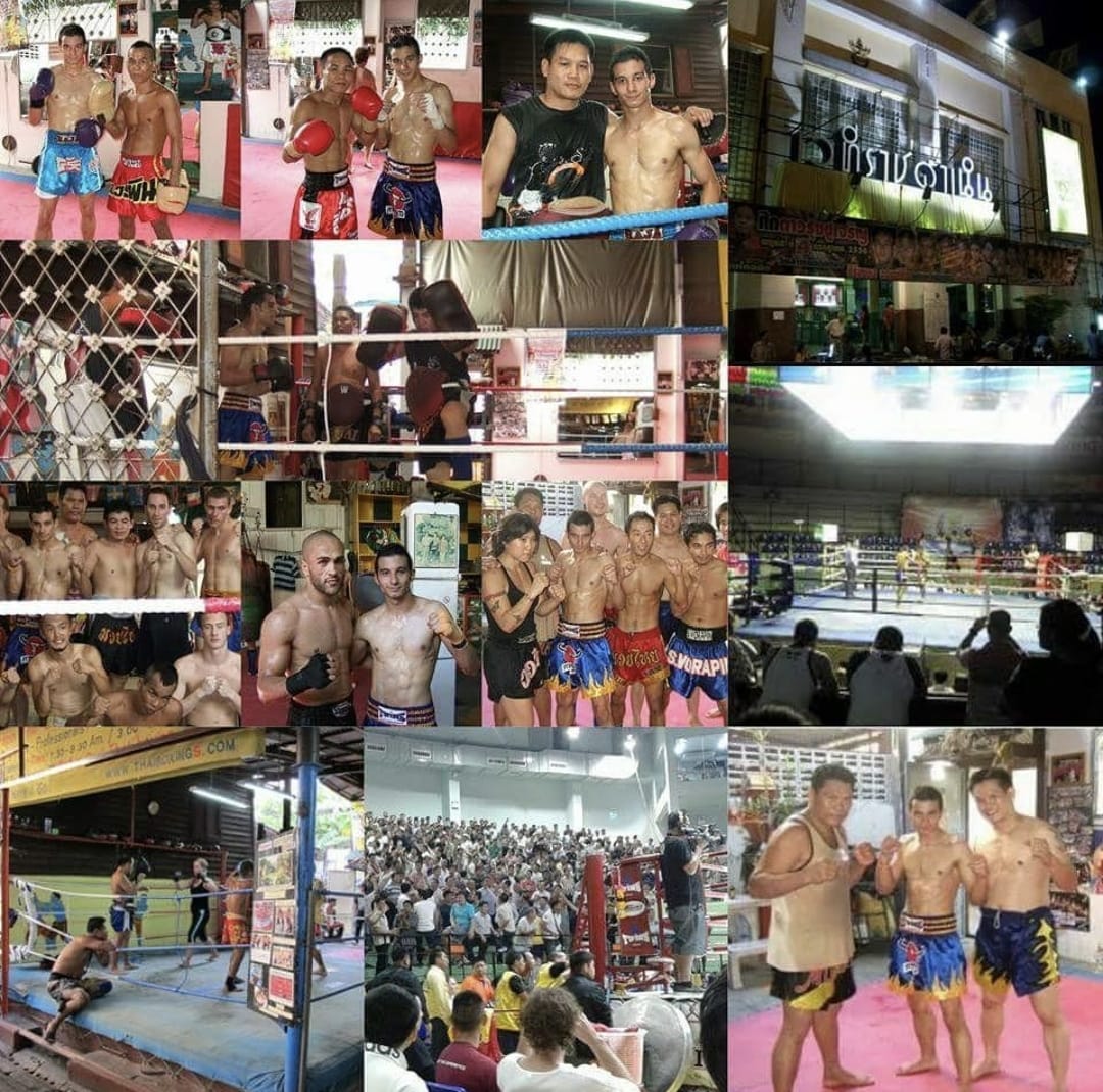 Fotocollage mit Muay-Thai-Training und Ringaufnahmen aus Thailand